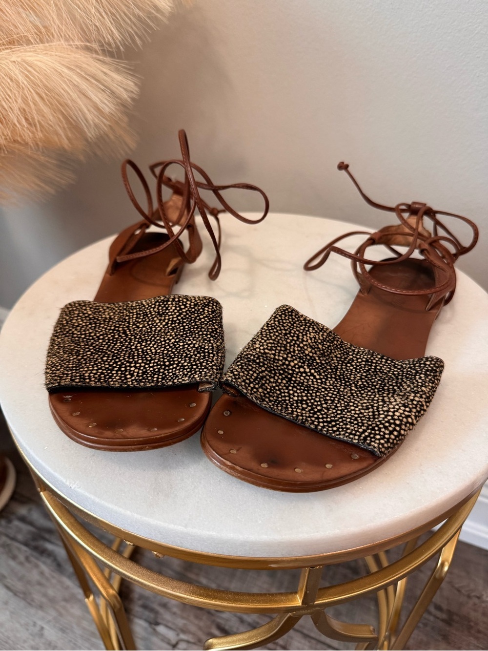 Madewell Brown Leather Lace-Up Sandals with Speckled Black-Tan Band